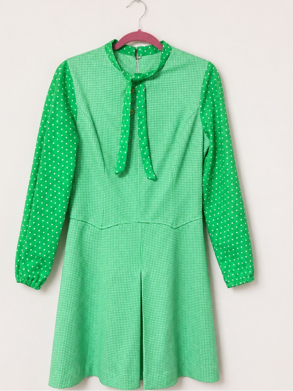 Vintage Kim O’Hare Green Polka Dot Tie-Neck Dress